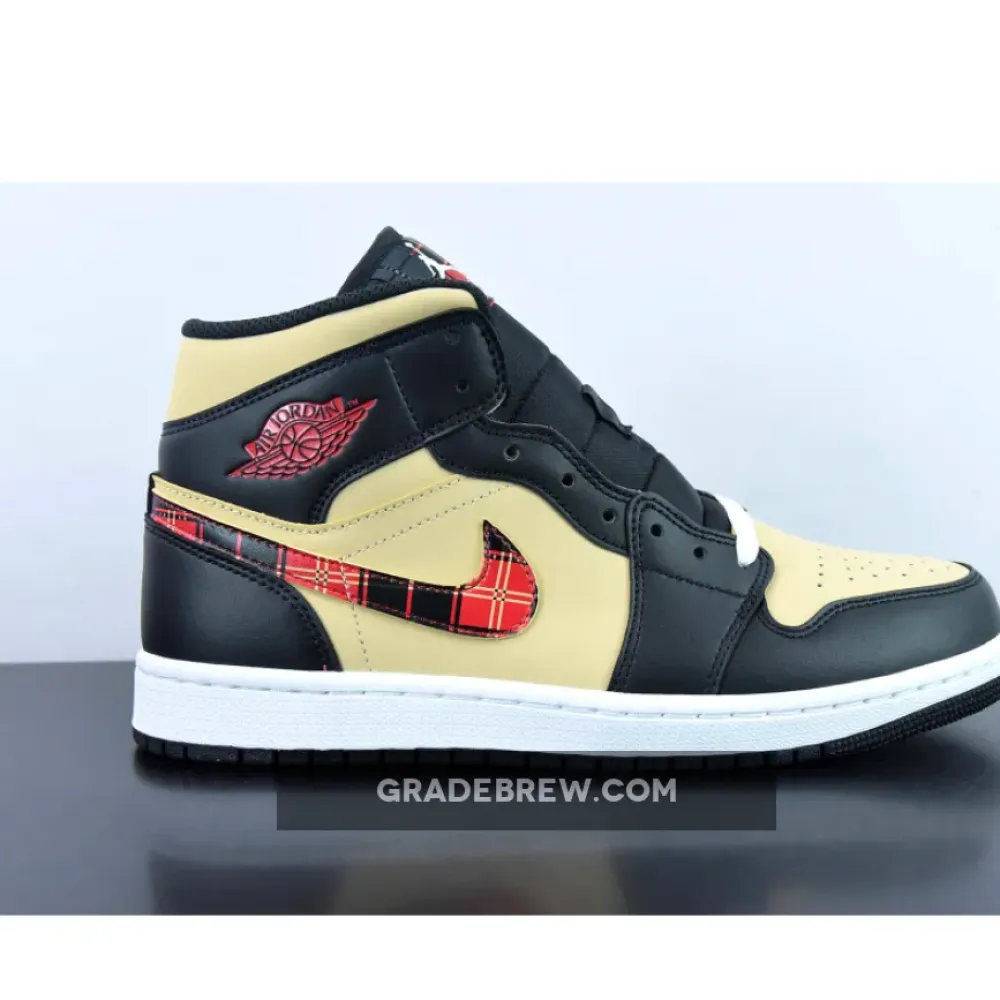 Air Jordan 1 Mid Tartan Swoosh Tan/Black-Red DZ5329-001